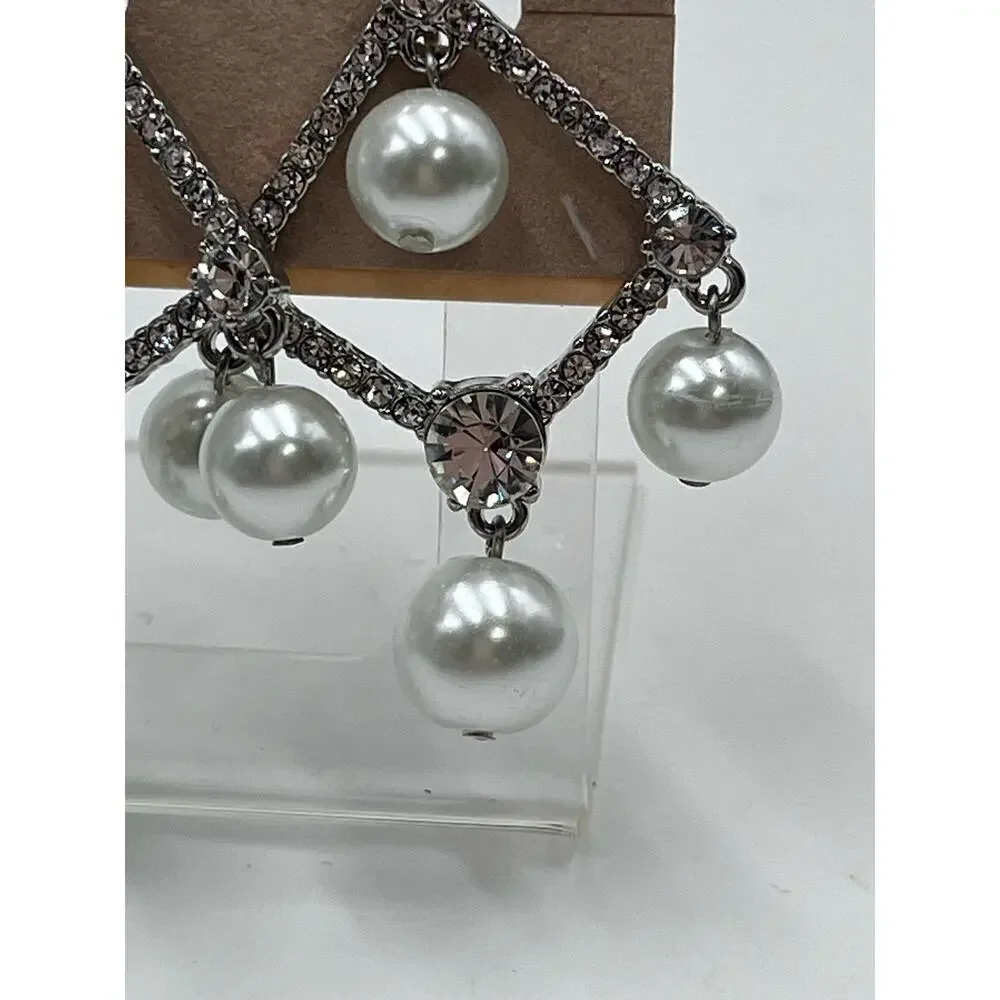 Kenneth‎ Jay Lane White Pearl Crystal Silver Tone Chandelier Clip Earrings New - Picture 6 of 14